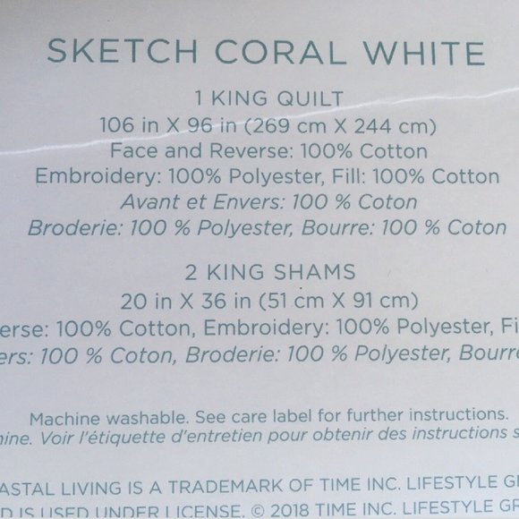 brand new WHITE 3-pc Coastal Living KING Embroidered Coral 100% Cotton Quilt Set - Picture 4 of 7